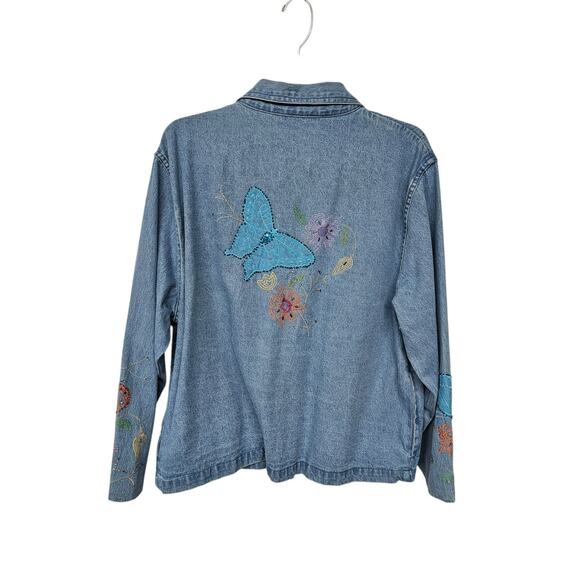 VTG Tantrums Embroidered Floral Denim Jacket Sz L Butterflies 90s Hippie Boho - Picture 7 of 16